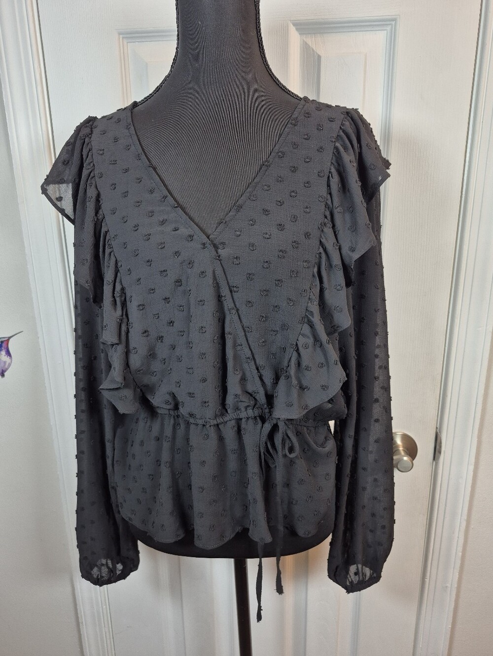So Black Swiss Dot Sheer Ruffle Top Vamp Romantic Dark Coquette L - Picture 4 of 6